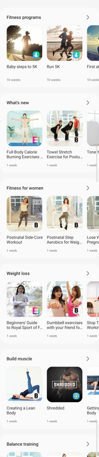 fitness programs in samsung health app