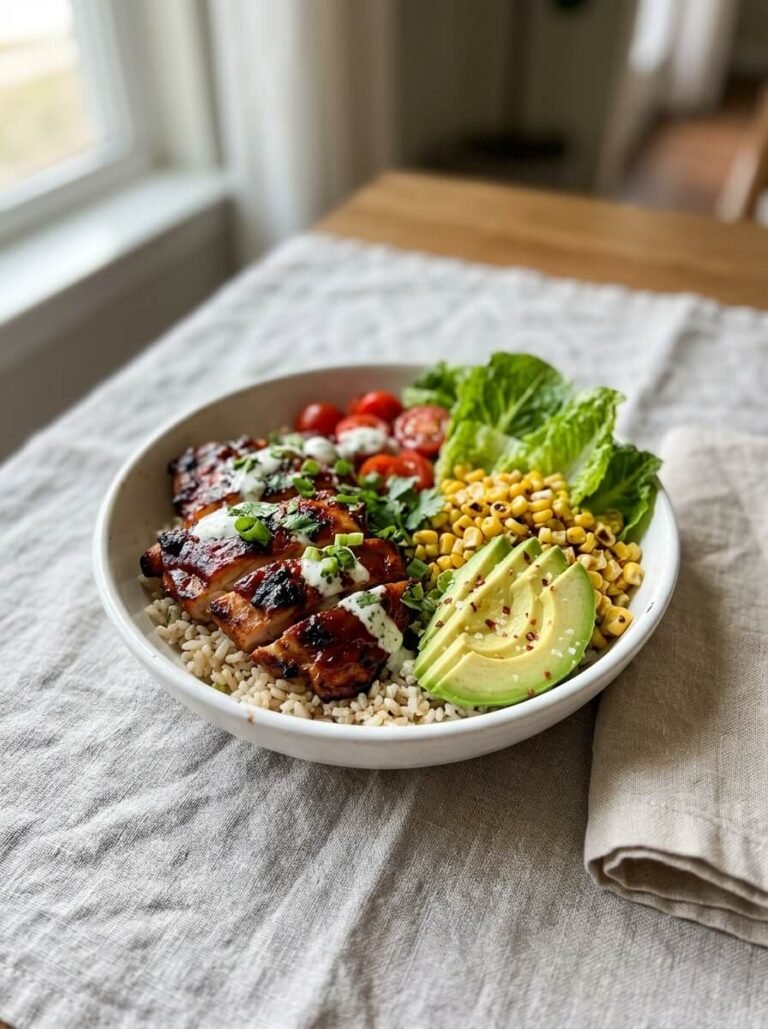 Sticky BBQ Chicken Rice Bowl with Fresh Veggies and Creamy Drizzle
