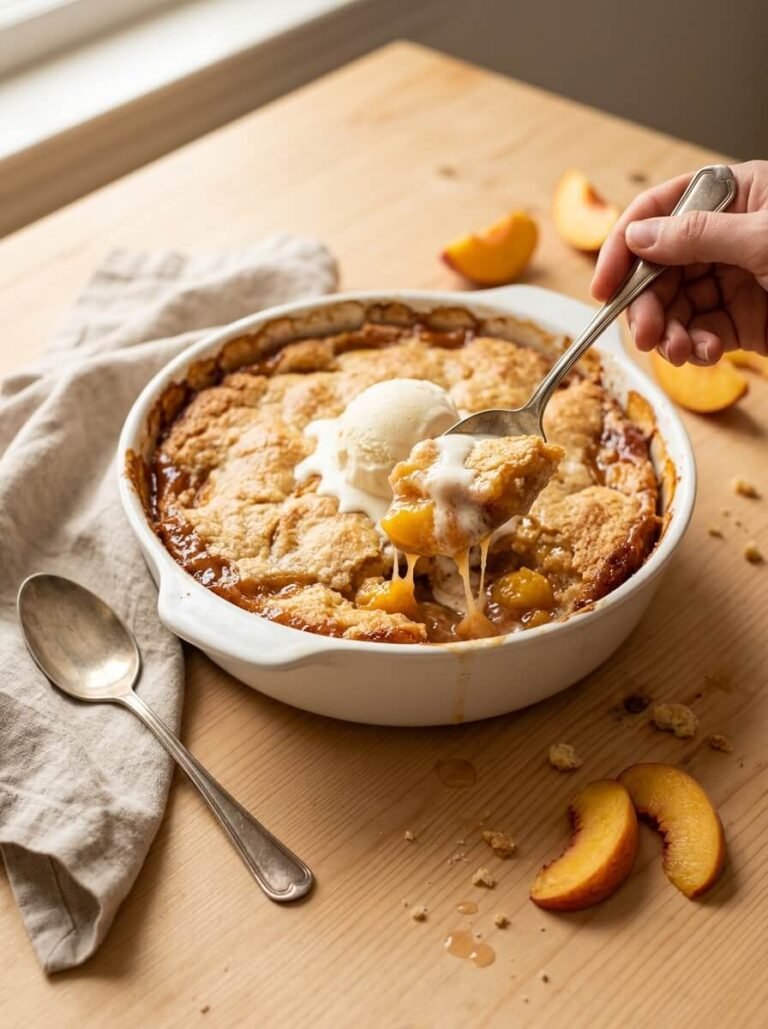 Peach Cobbler with Vanilla Ice Cream (Easy, Classic Summer Dessert)