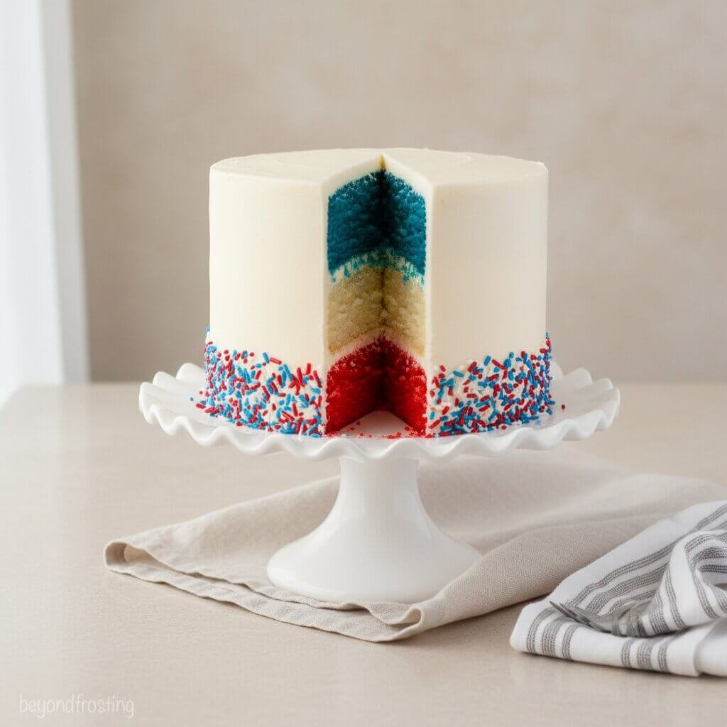 Classic Red, White and Blue Layer Cake with Fluffy Vanilla Frosting