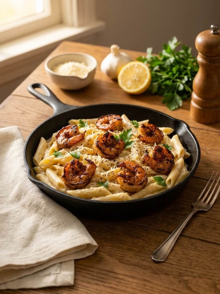 Blackened Shrimp Alfredo Penne Skillet with Creamy Parmesan Sauce