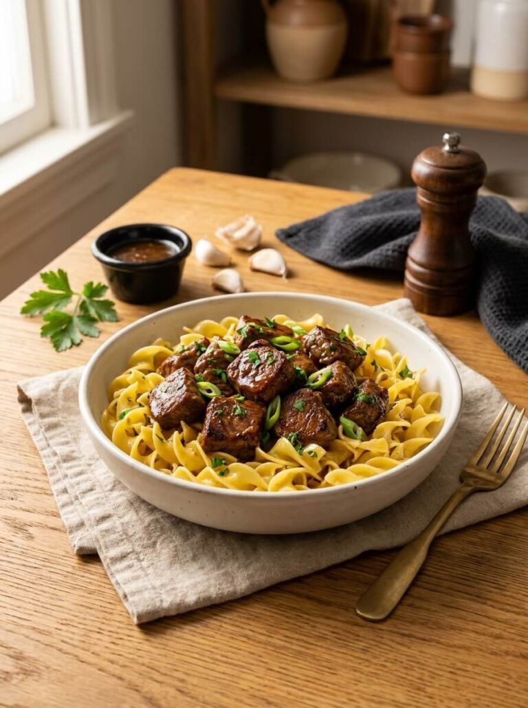 Bourbon Glazed Steak Bites over Buttered Garlic Noodles
