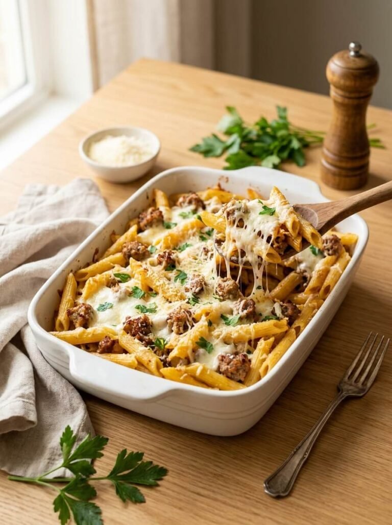 6-Ingredient Cheesy Sausage Pasta Bake (An Easy Family-Favorite Dinner)