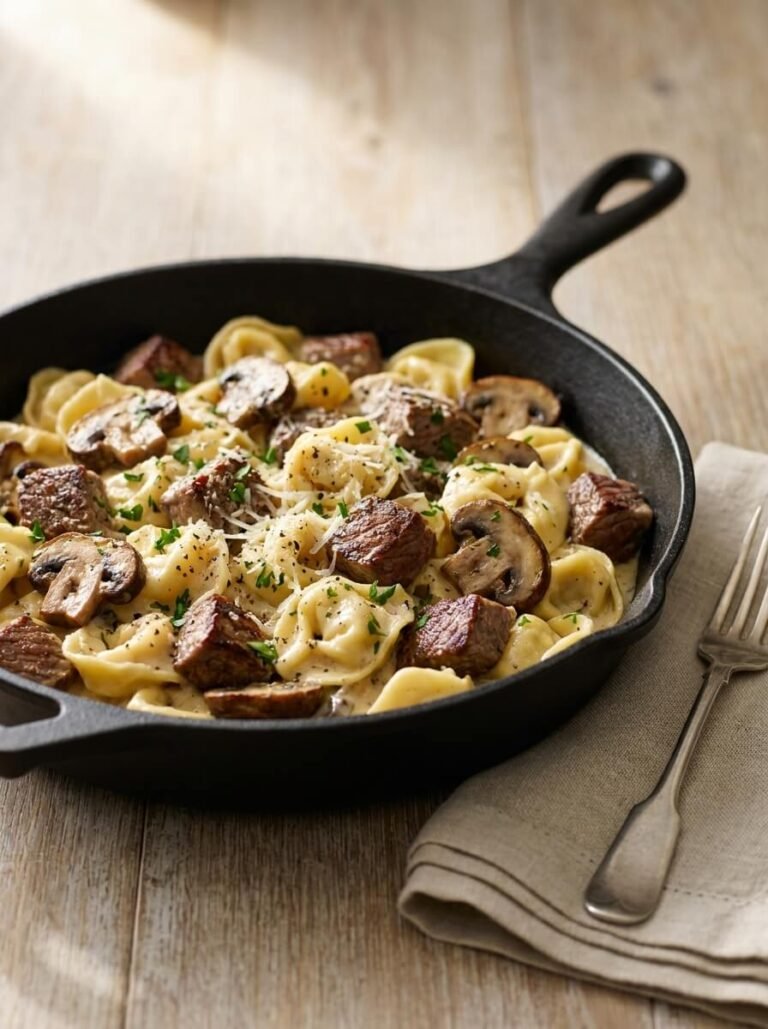 Creamy Sizzling Beef and Mushroom Tortellini