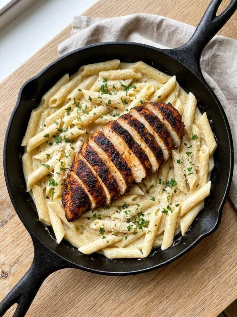 Creamy Blackened Chicken Alfredo Penne Skillet