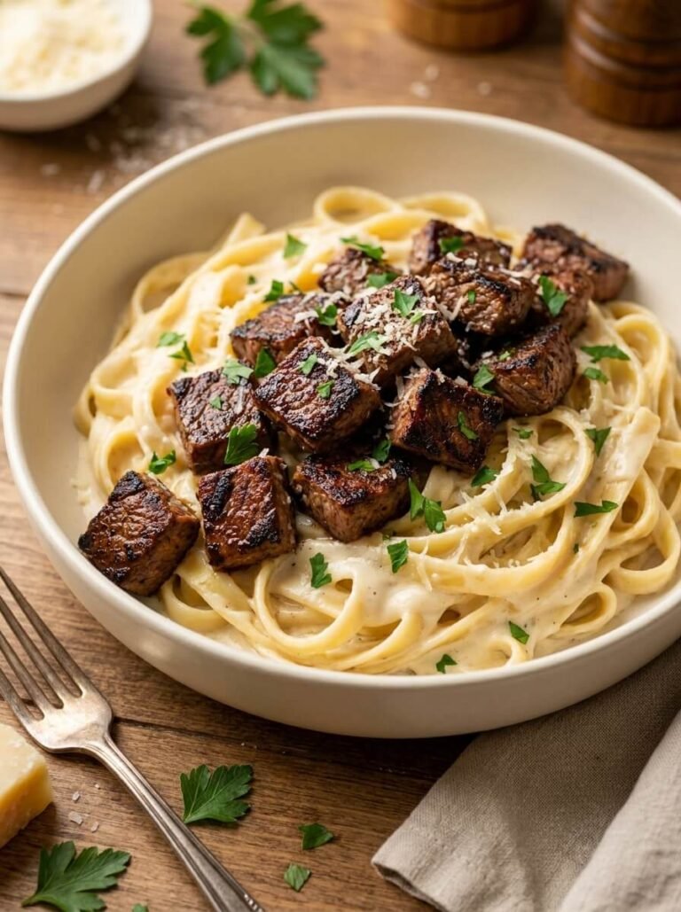 Creamy Blackened Steak Bites Fettuccine Alfredo