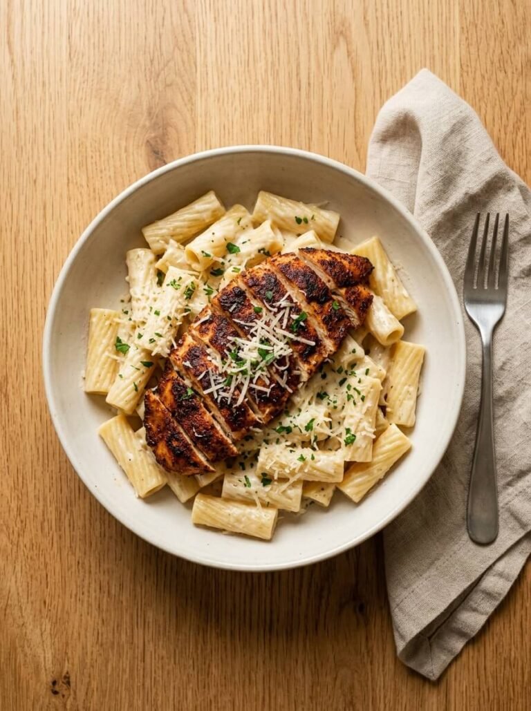 Creamy Blackened Cajun Chicken Alfredo Rigatoni
