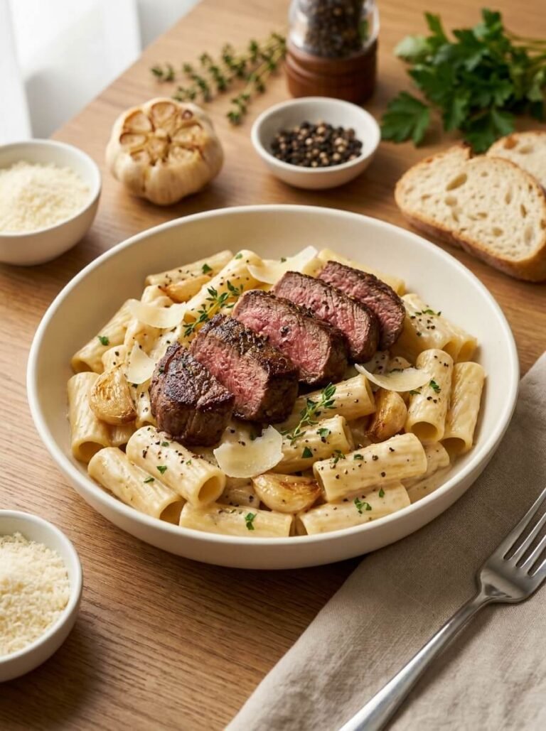 Creamy Peppercorn Beef Rigatoni with Roasted Garlic