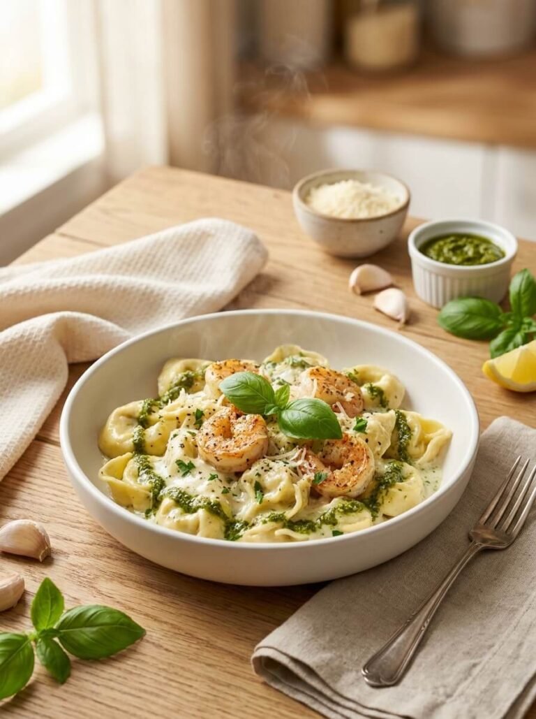 Creamy Pesto Shrimp Tortellini with Parmesan