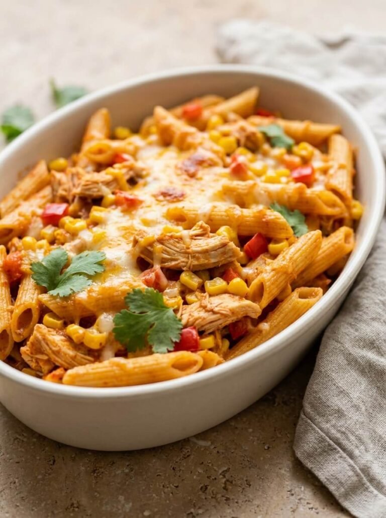Creamy Southwest Corn and Chicken Penne Bake