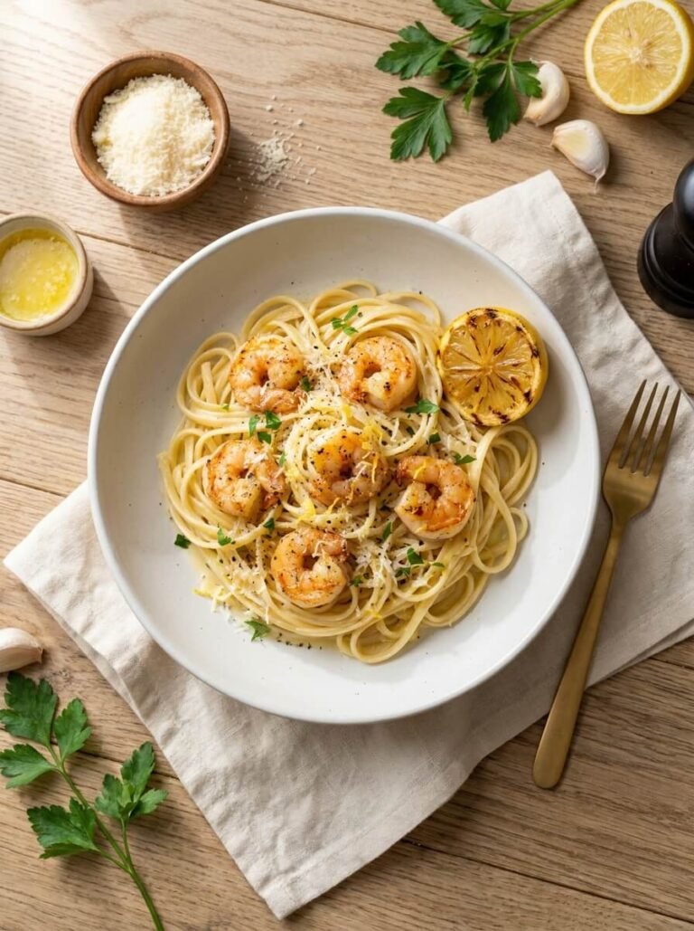 Garlic Butter Shrimp Linguine with Creamy Lemon Sauce