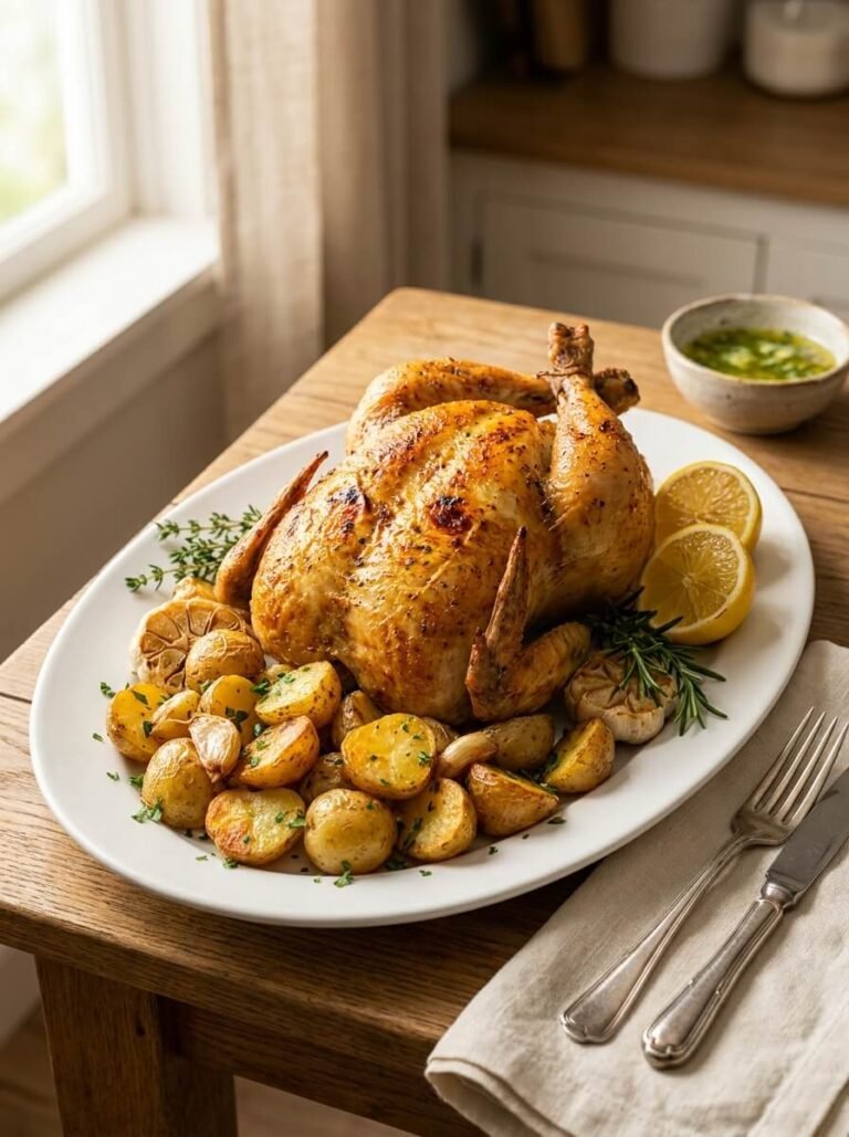 Golden Roasted Chicken with Crispy Garlic Herb Potatoes