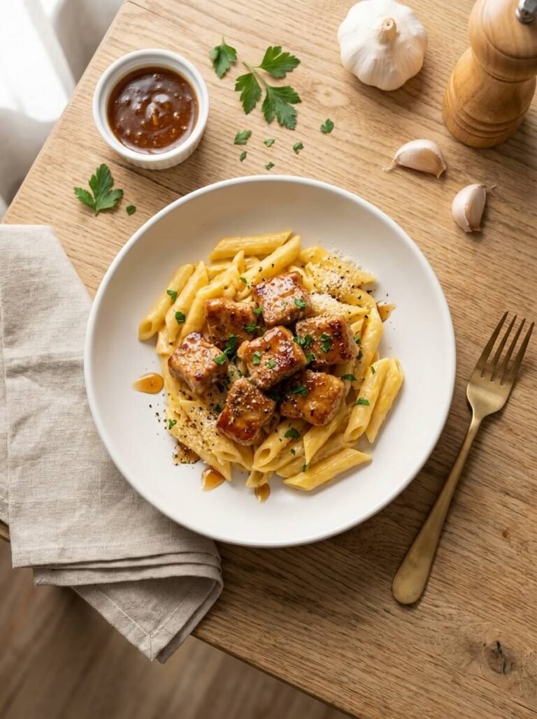 Honey Garlic Pork Bites over Creamy Cheesy Penne