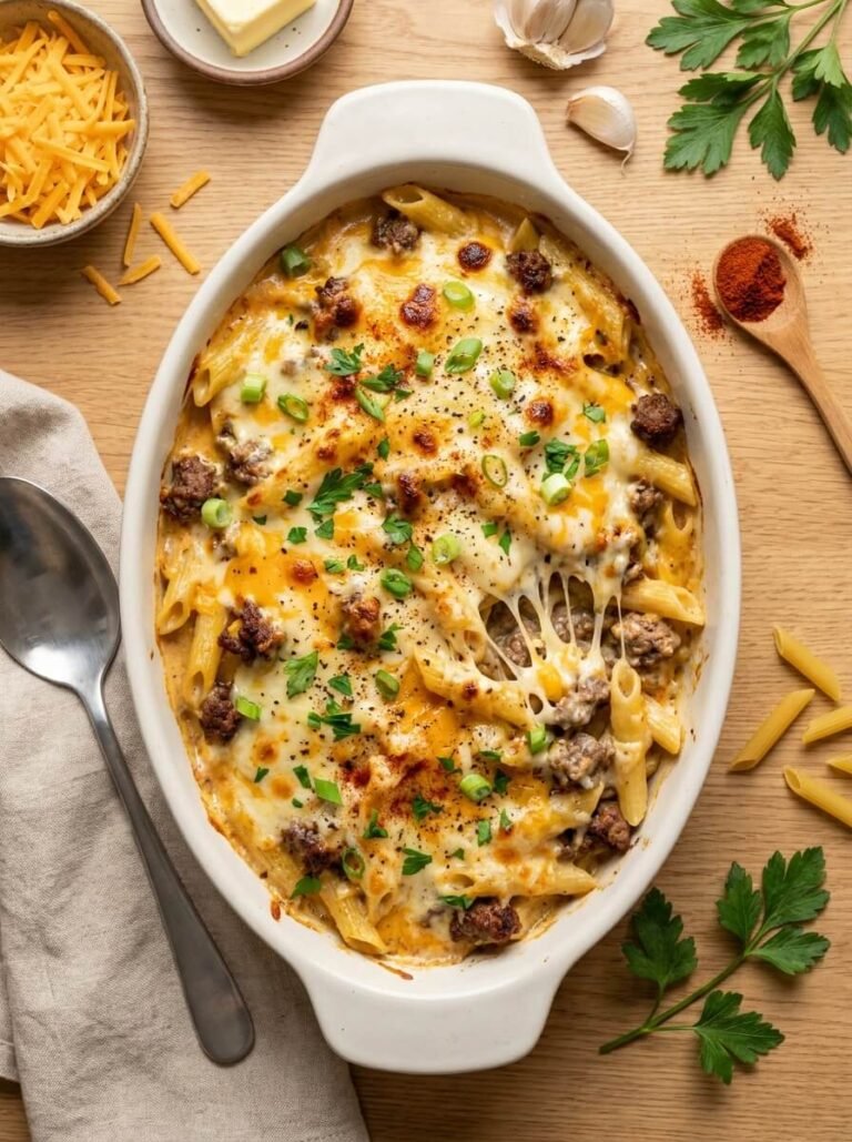 Loaded Cheddar Beef Penne Bake with a Creamy, Cheesy Sauce