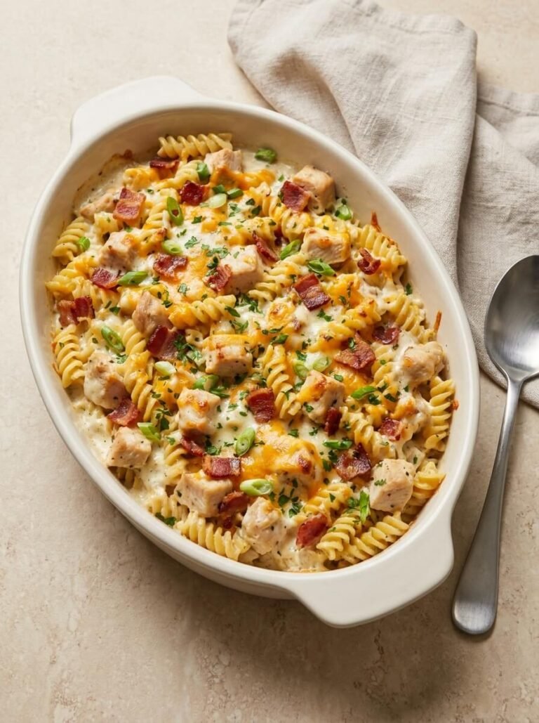 Loaded Ranch Chicken Rotini Casserole with Bacon and Cheese
