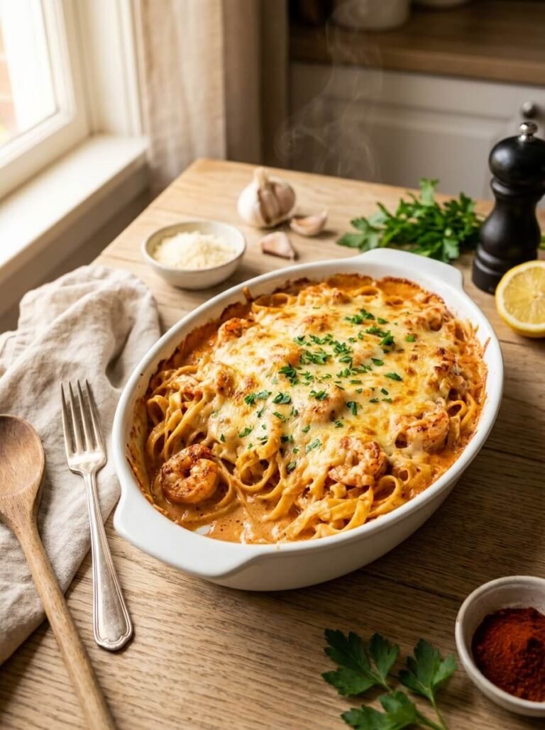 Smoky Paprika Shrimp Fettuccine Bake with Creamy Cheese Sauce