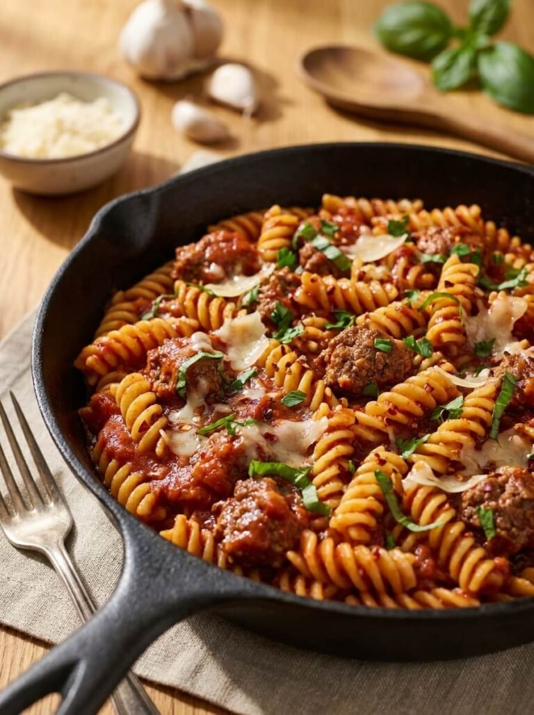 Spicy Marinara Beef Rotini Skillet with Parmesan and Fresh Herbs
