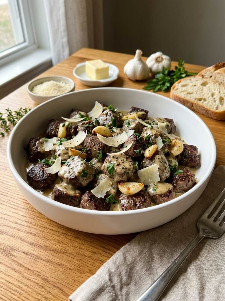Garlic Herb Steak Bites with Creamy Parmesan Sauce