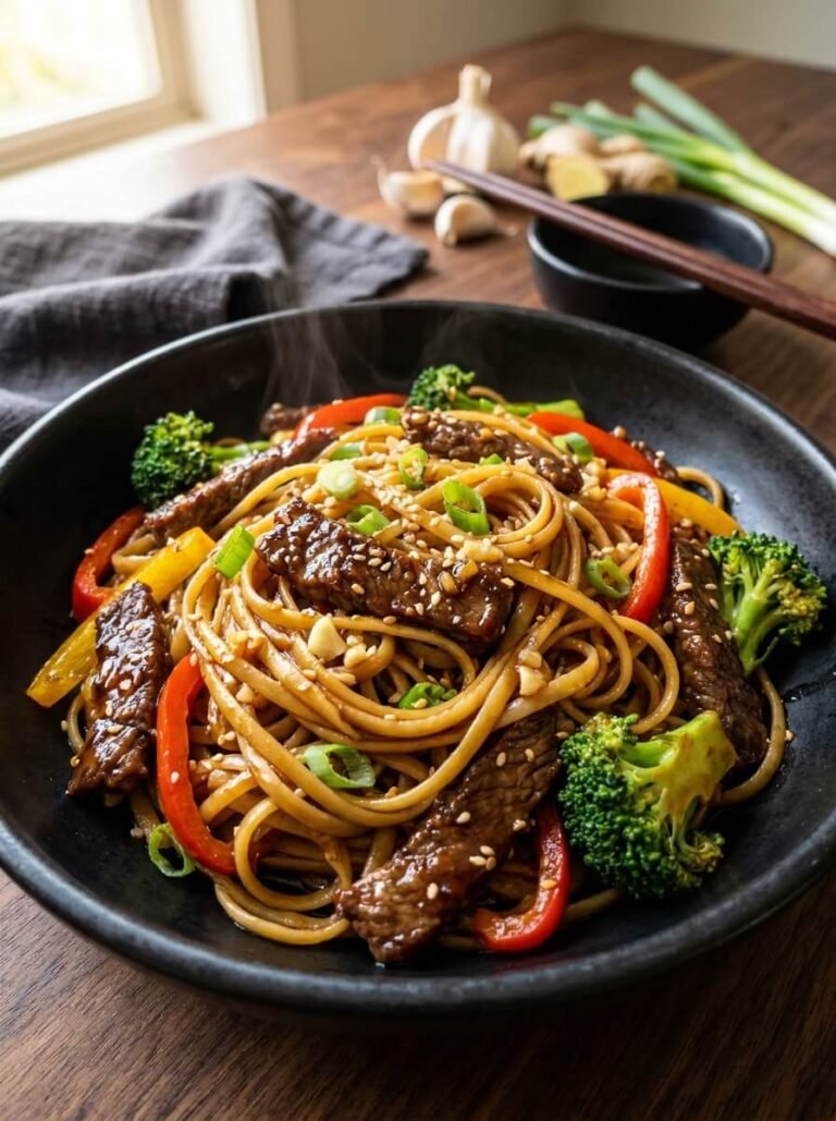 Sweet Chili Beef Linguine Stir Toss with Garlic and Crisp Vegetables