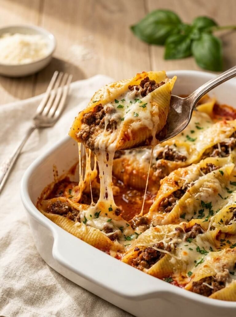 Three-Cheese Ground Beef Stuffed Shells Bake